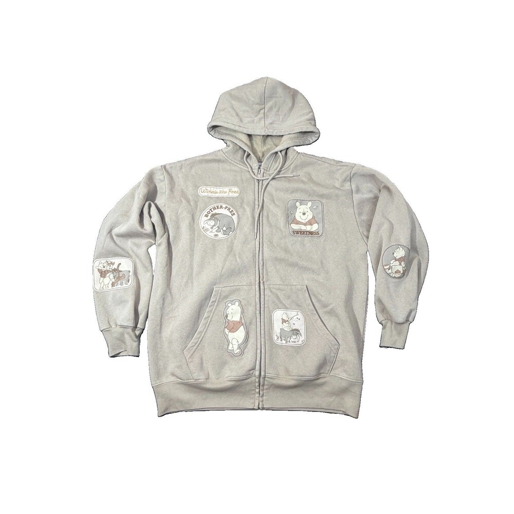 Disney Winnie the Pooh Full Zip Hoodie Sweatshirt Womens Medium Khaki Patches